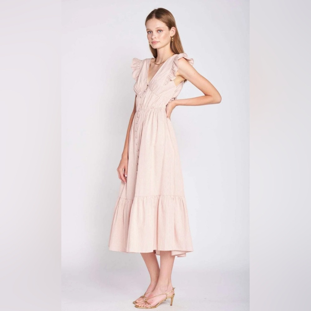 EN SAISON‎ IDA STRIPED MIDI DRESS Pink White S